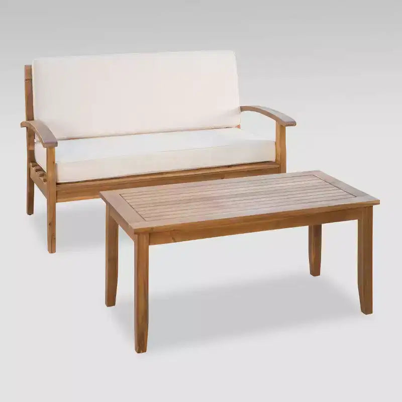 Peyton 2pc Acacia Wood Loveseat and Coffee Table Set - Teak/Beige - Christopher Knight Home