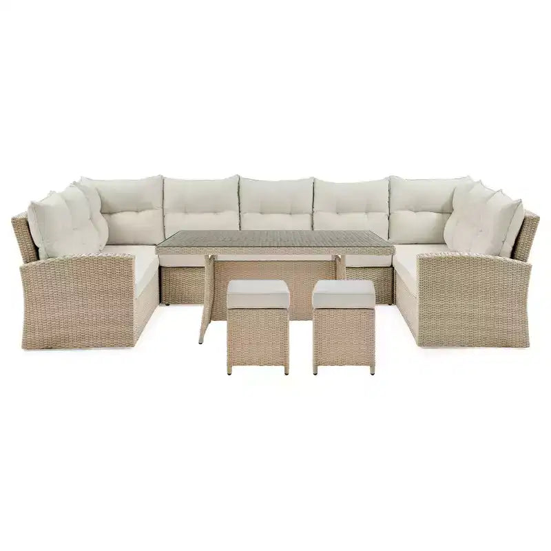 Canaan 4pc All Weather Wicker Outdoor Double Corner Horseshoe Sectional Set Cream - Alaterre Furniture: Weather-Resistant Patio Set with Glass Table