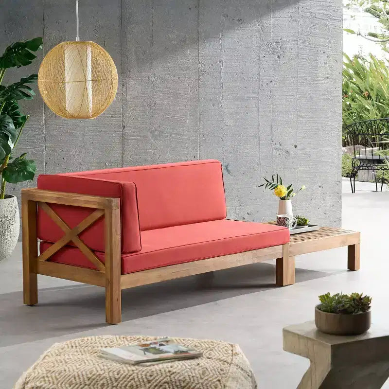 2pc Brava Outdoor Acacia Wood Left Arm Loveseat & Coffee Table with Cushion Teak/Red - Christopher Knight Home: Rustic Modern Patio Set