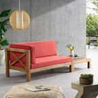 2pc Brava Outdoor Acacia Wood Left Arm Loveseat & Coffee Table with Cushion Teak/Red - Christopher Knight Home: Rustic Modern Patio Set
