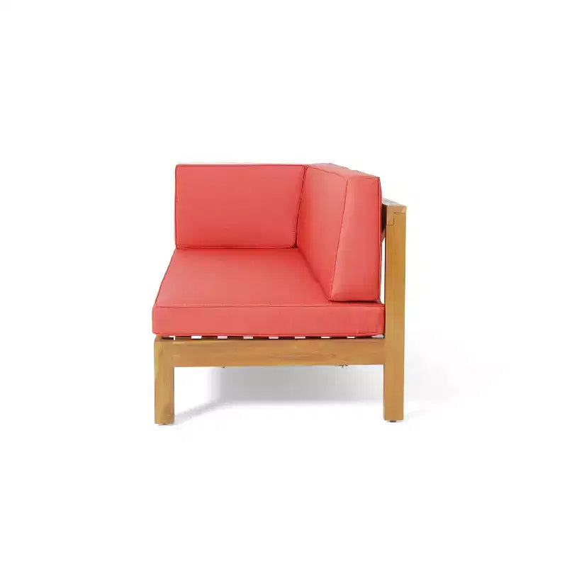 2pc Brava Outdoor Acacia Wood Left Arm Loveseat & Coffee Table with Cushion Teak/Red - Christopher Knight Home: Rustic Modern Patio Set