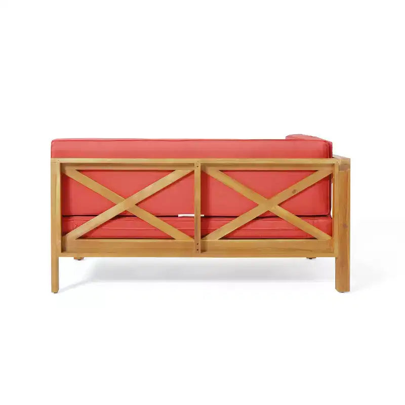 2pc Brava Outdoor Acacia Wood Left Arm Loveseat & Coffee Table with Cushion Teak/Red - Christopher Knight Home: Rustic Modern Patio Set