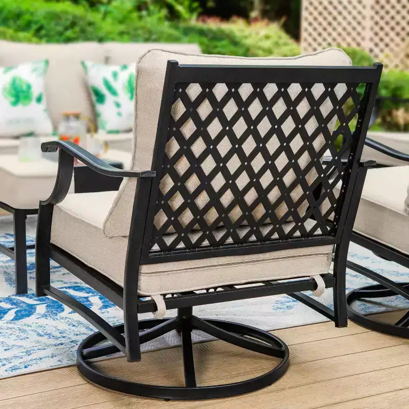 Captiva Designs 5pc XL Metal Outdoor Set Swivel Grid- Back Chairs with Fire Pit Beige