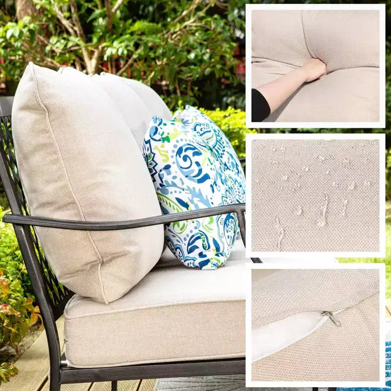 Captiva Designs 5pc XL Metal Outdoor Set Swivel Grid- Back Chairs with Fire Pit Beige