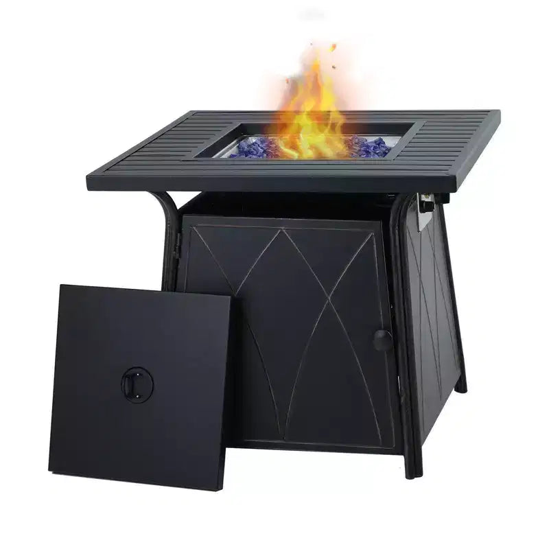 Captiva Designs 5pc XL Metal Outdoor Set Swivel Grid- Back Chairs with Fire Pit Beige