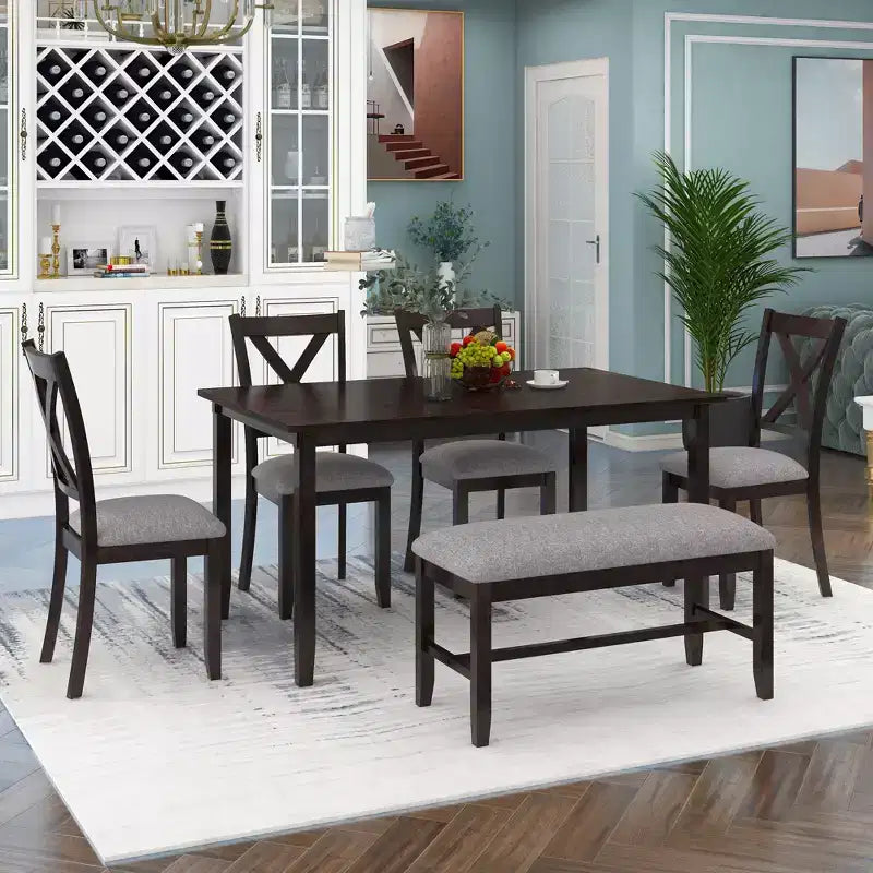 Whisen 6-Piece Wooden Rectangular Kitchen Dining Table Set with 4 Fabric Chairs and Bench