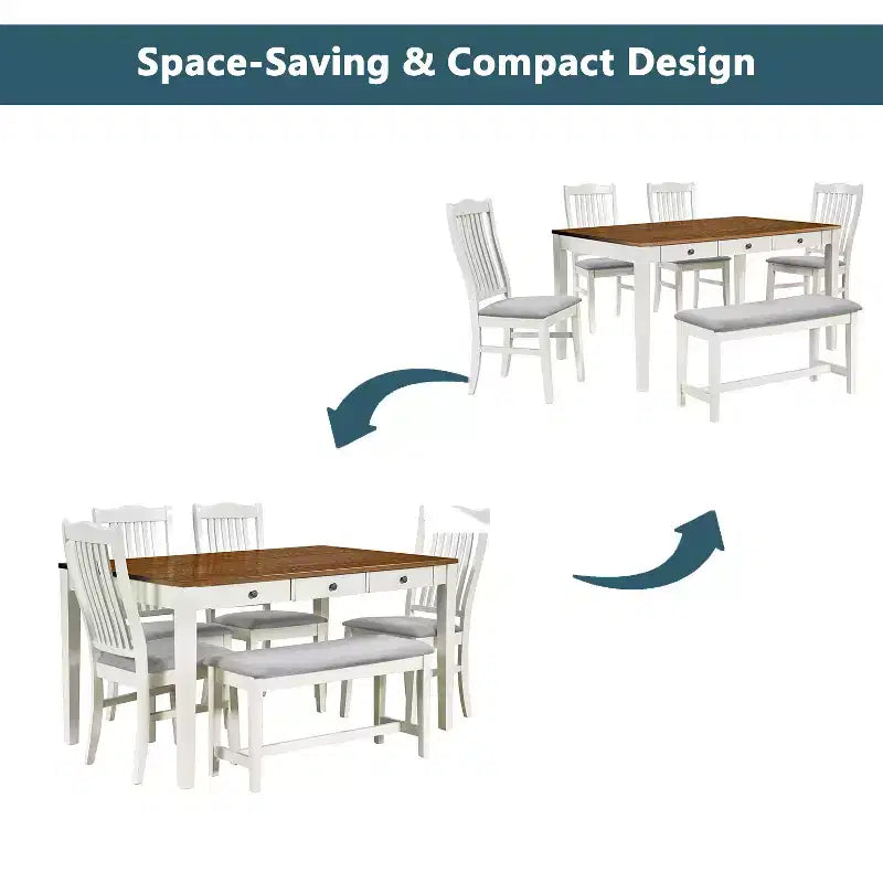 Whisen Mid-Century 6-Piece Wood Dining Table Set with 4 Upholstered Chairs and Bench