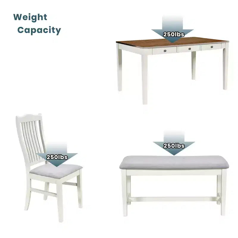 Whisen Mid-Century 6-Piece Wood Dining Table Set with 4 Upholstered Chairs and Bench