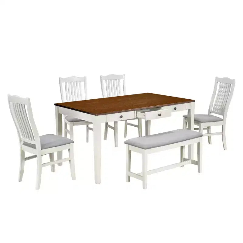 Whisen Mid-Century 6-Piece Wood Dining Table Set with 4 Upholstered Chairs and Bench