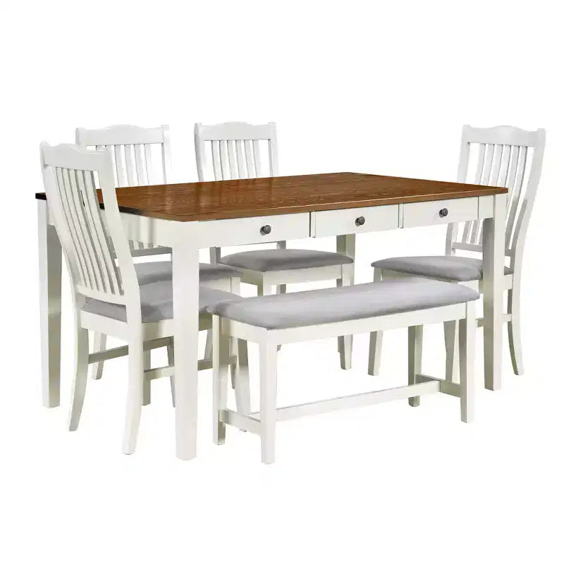 Whisen Mid-Century 6-Piece Wood Dining Table Set with 4 Upholstered Chairs and Bench