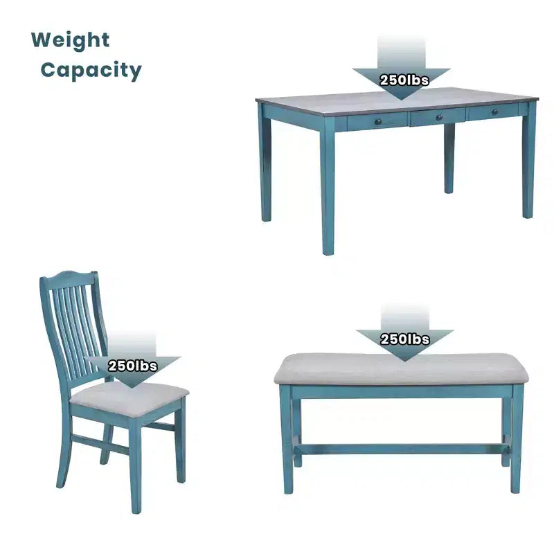 Whisen Mid-Century 6-Piece Wood Dining Table Set with 4 Upholstered Chairs and Bench