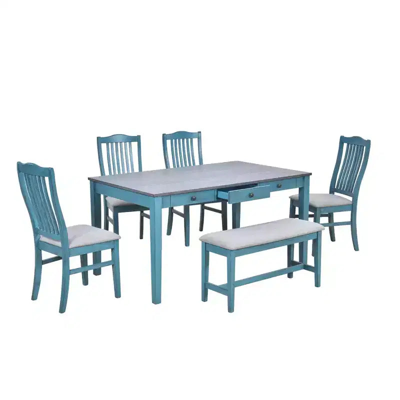Whisen Mid-Century 6-Piece Wood Dining Table Set with 4 Upholstered Chairs and Bench