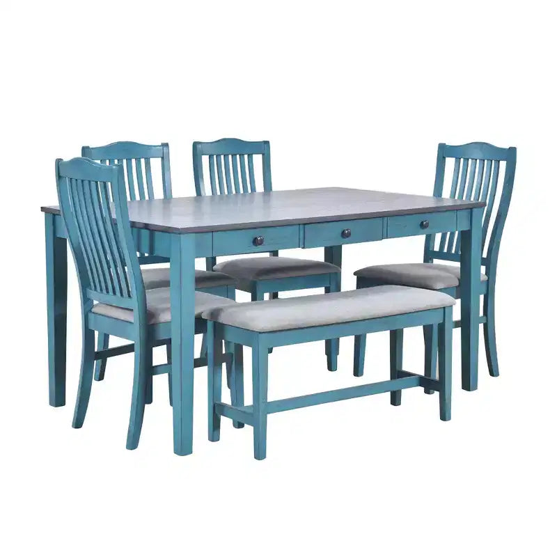 Whisen Mid-Century 6-Piece Wood Dining Table Set with 4 Upholstered Chairs and Bench