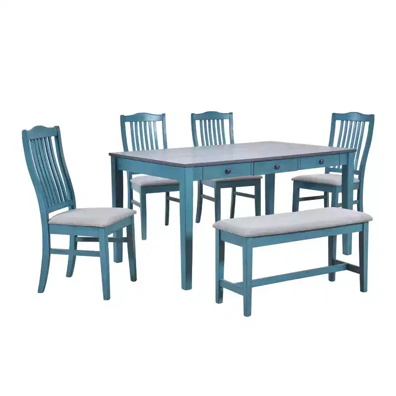 Whisen Mid-Century 6-Piece Wood Dining Table Set with 4 Upholstered Chairs and Bench