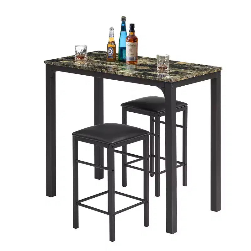 VECELO 3 Pieces Counter Height Bar Table and Chairs Set, Rectangular Kitchen Dining Set for 2 with PU Leather Chairs and Marble Table Top