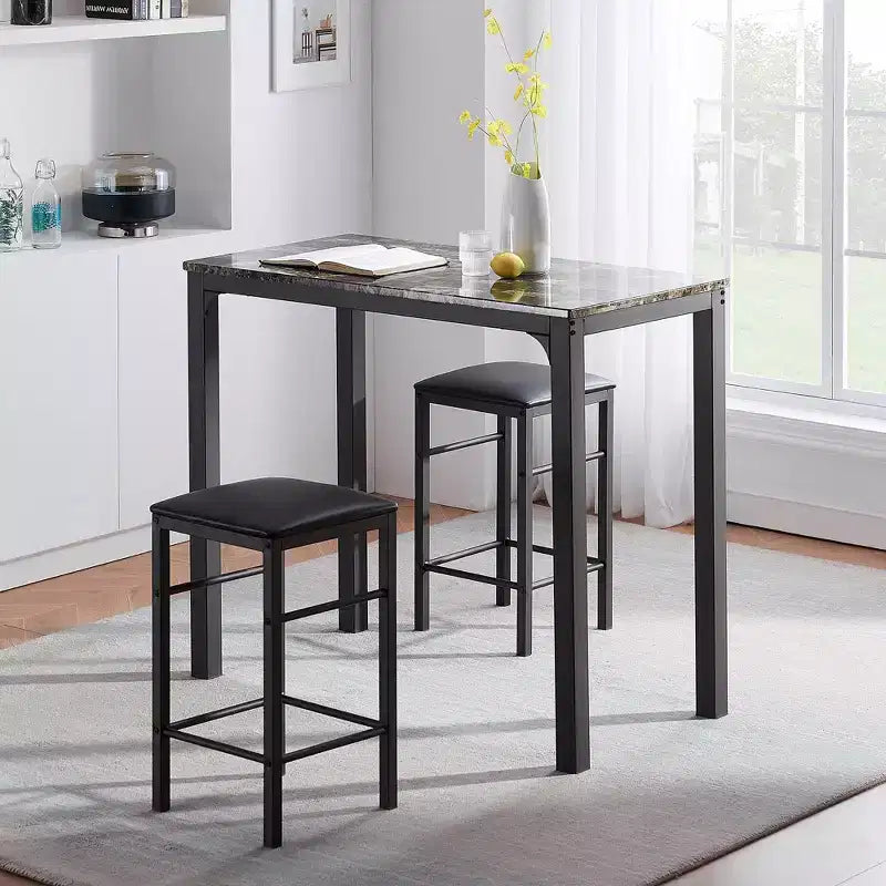 VECELO 3-delige bartafel- en stoelenset op toonbankhoogte, rechthoekige keukeneetset voor 2 personen met stoelen van PU-leer en marmeren tafelblad