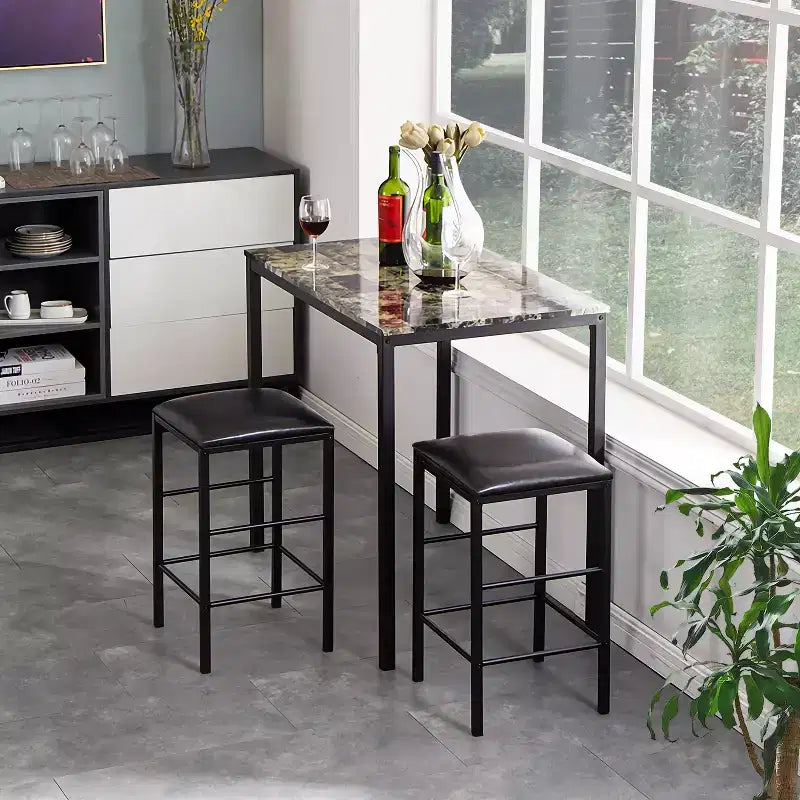 VECELO 3-delige bartafel- en stoelenset op toonbankhoogte, rechthoekige keukeneetset voor 2 personen met stoelen van PU-leer en marmeren tafelblad