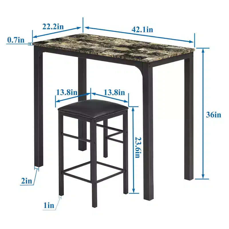 VECELO 3-delige bartafel- en stoelenset op toonbankhoogte, rechthoekige keukeneetset voor 2 personen met stoelen van PU-leer en marmeren tafelblad