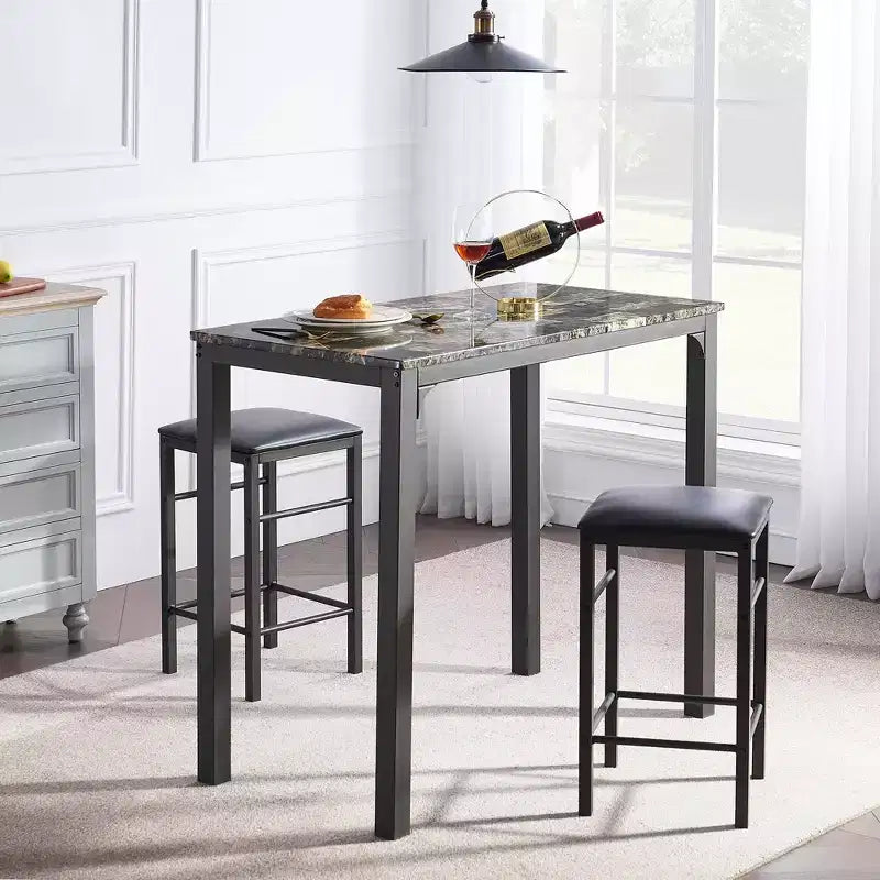 VECELO 3-delige bartafel- en stoelenset op toonbankhoogte, rechthoekige keukeneetset voor 2 personen met stoelen van PU-leer en marmeren tafelblad