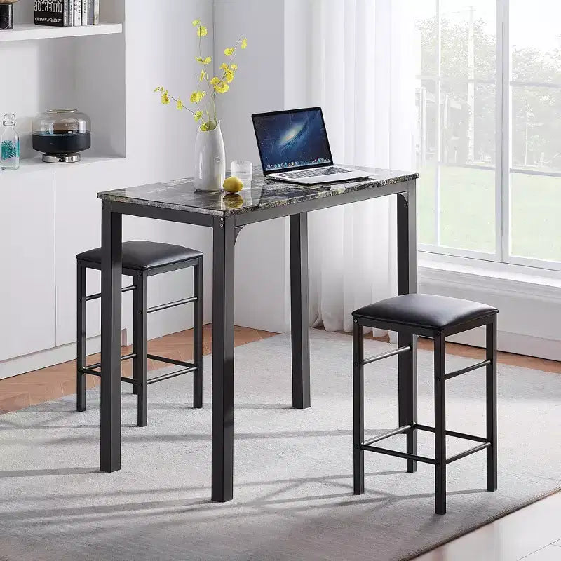 VECELO 3-delige bartafel- en stoelenset op toonbankhoogte, rechthoekige keukeneetset voor 2 personen met stoelen van PU-leer en marmeren tafelblad
