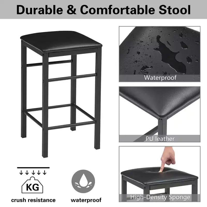 VECELO 3-delige bartafel- en stoelenset op toonbankhoogte, rechthoekige keukeneetset voor 2 personen met stoelen van PU-leer en marmeren tafelblad