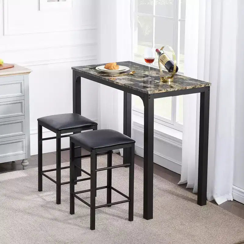 VECELO 3-delige bartafel- en stoelenset op toonbankhoogte, rechthoekige keukeneetset voor 2 personen met stoelen van PU-leer en marmeren tafelblad