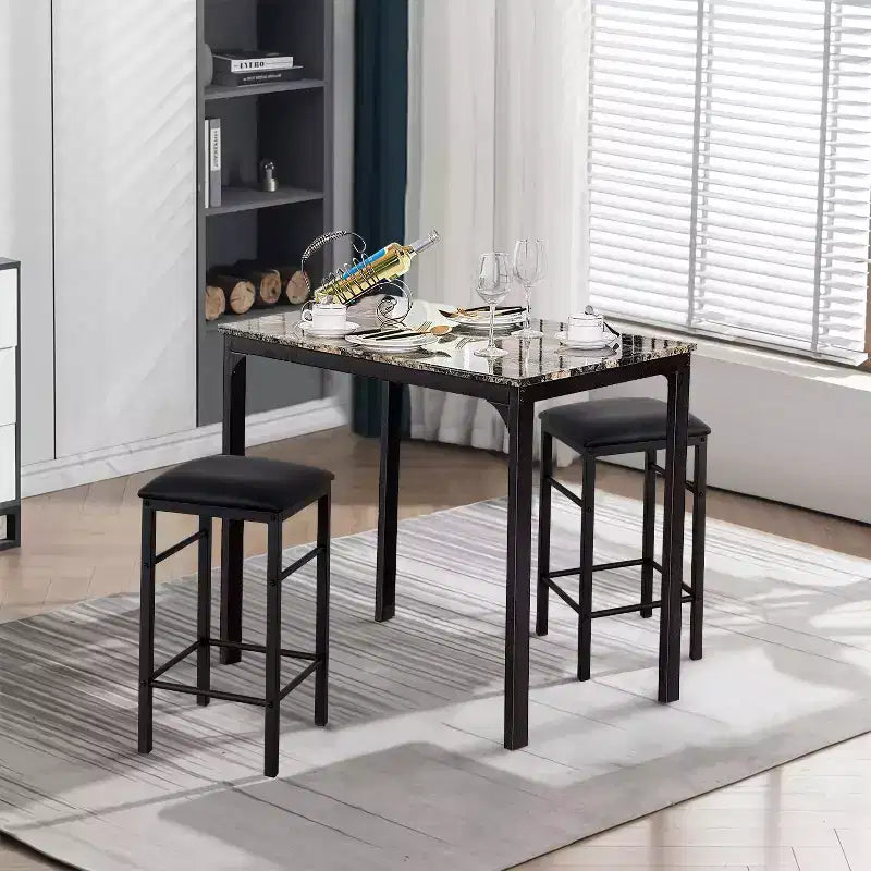 VECELO 3-delige bartafel- en stoelenset op toonbankhoogte, rechthoekige keukeneetset voor 2 personen met stoelen van PU-leer en marmeren tafelblad