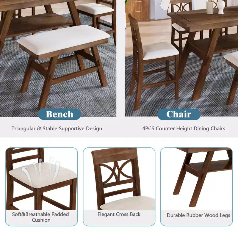Whisen Rustic 6-Piece Counter Height Dining Table Set with Bench and 4 Upholstered Chairs