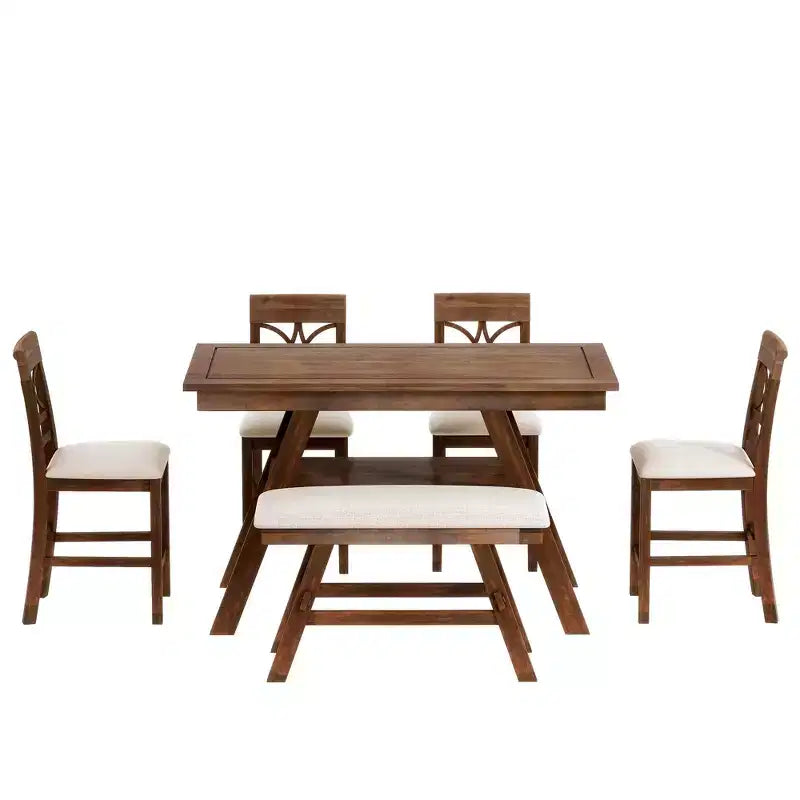 Whisen Rustic 6-Piece Counter Height Dining Table Set with Bench and 4 Upholstered Chairs