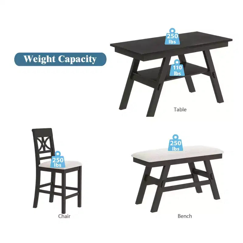Whisen Rustic 6-Piece Counter Height Dining Table Set with Bench and 4 Upholstered Chairs