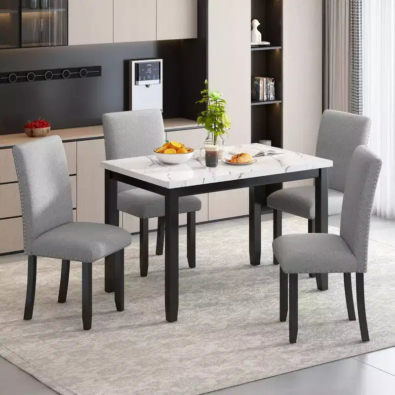 5-Piece Dining Table Set Dining Set with Faux Marble Dining Table, 4 Thicken Cushion Dining Chairs, Gray/White-ModernLuxe