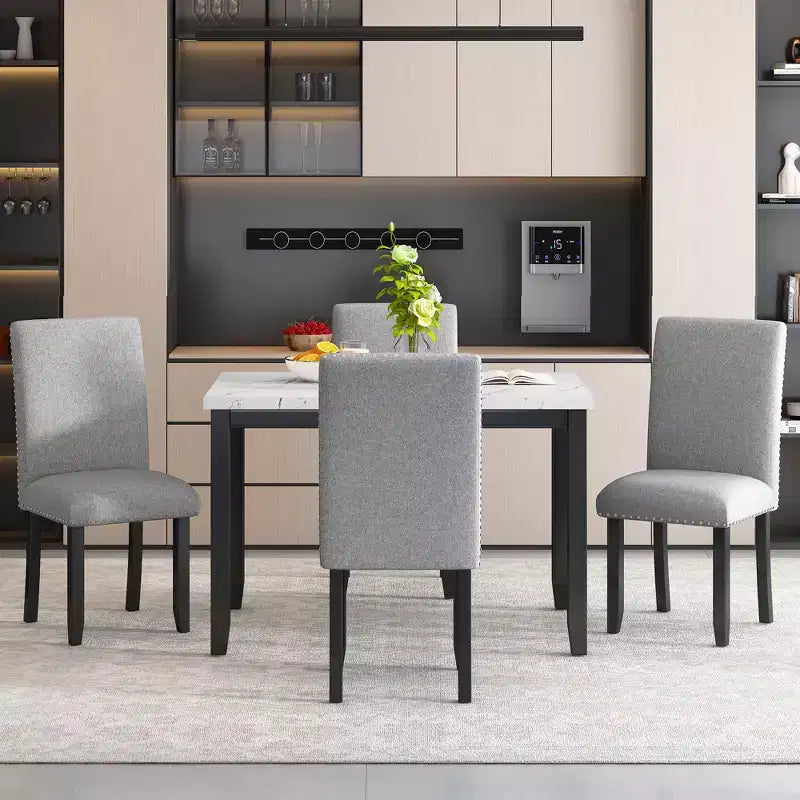 5-Piece Dining Table Set Dining Set with Faux Marble Dining Table, 4 Thicken Cushion Dining Chairs, Gray/White-ModernLuxe