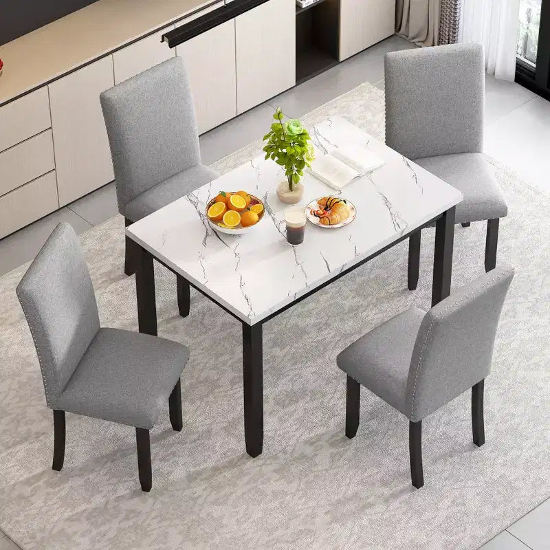 5-Piece Dining Table Set Dining Set with Faux Marble Dining Table, 4 Thicken Cushion Dining Chairs, Gray/White-ModernLuxe