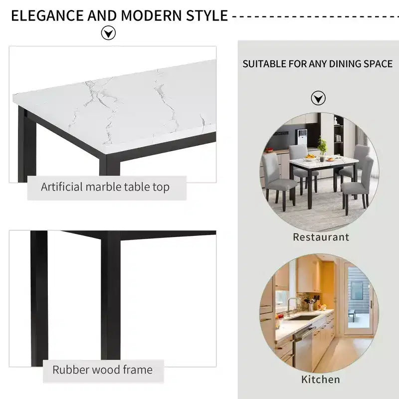 5-Piece Dining Table Set Dining Set with Faux Marble Dining Table, 4 Thicken Cushion Dining Chairs, Gray/White-ModernLuxe