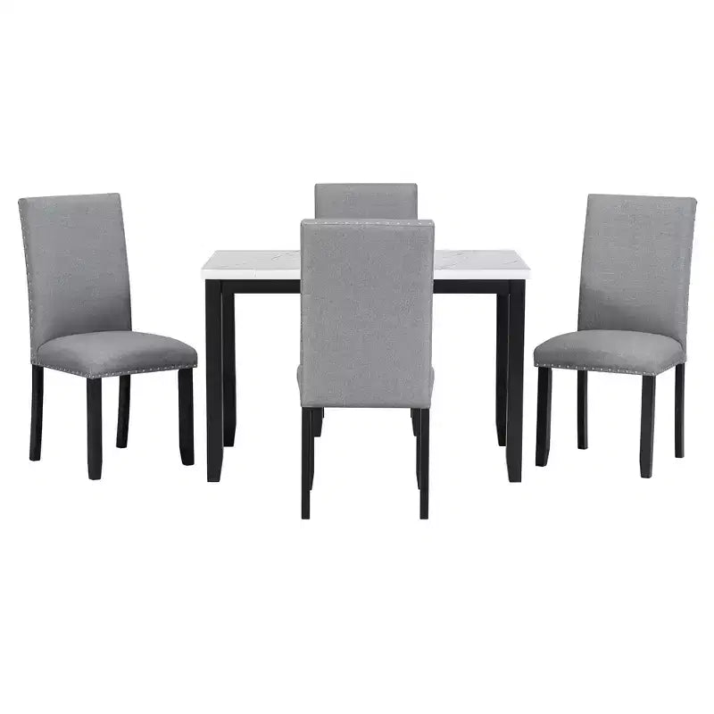 5-Piece Dining Table Set Dining Set with Faux Marble Dining Table, 4 Thicken Cushion Dining Chairs, Gray/White-ModernLuxe
