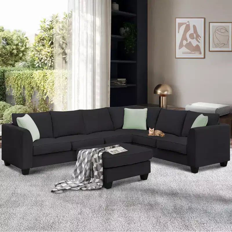 Whisen Minimalist Style L-shaped Modular Sectional Sofa, Living Room Set Includes Ottoman and Pillows
