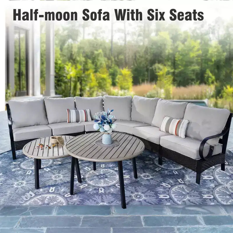 Captiva Designs 8pc Outdoor Half-Moon Sectional Patio Conversation Sets with 2 Round Table for Garden, Poolside, Balcony, Backyard