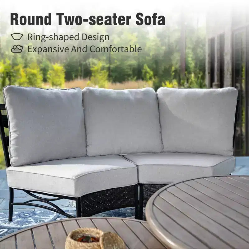 Captiva Designs 8pc Outdoor Half-Moon Sectional Patio Conversation Sets with 2 Round Table for Garden, Poolside, Balcony, Backyard