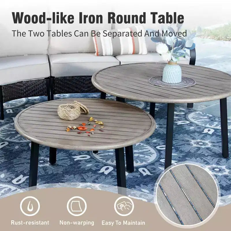 Captiva Designs 8pc Outdoor Half-Moon Sectional Patio Conversation Sets with 2 Round Table for Garden, Poolside, Balcony, Backyard