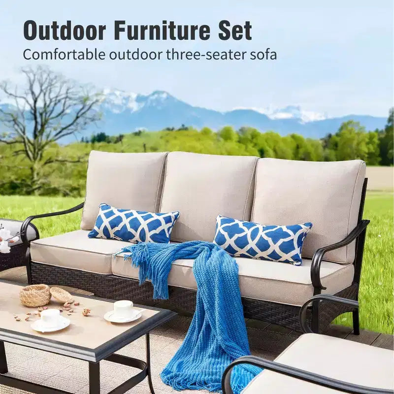 Captiva Designs 5pc Extra Large Metal and Rattan Outdoor Patio Conversation Set with Coffee Table and Loveseat