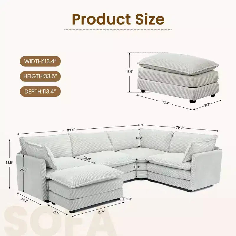 Modern 113.4''D*79.13''W Oversized Corduroy Modular 5-Seat Sectional Sofa Set with Ottoman U Shaped Sofa Couch with Corner Sofa,HYLEORY