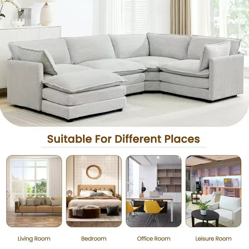 Modern 113.4''D*79.13''W Oversized Corduroy Modular 5-Seat Sectional Sofa Set with Ottoman U Shaped Sofa Couch with Corner Sofa,HYLEORY