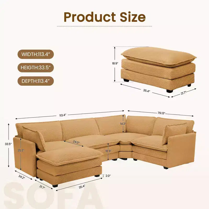 Modern 113.4''D*79.13''W Oversized Corduroy Modular 5-Seat Sectional Sofa Set with Ottoman U Shaped Sofa Couch with Corner Sofa,HYLEORY