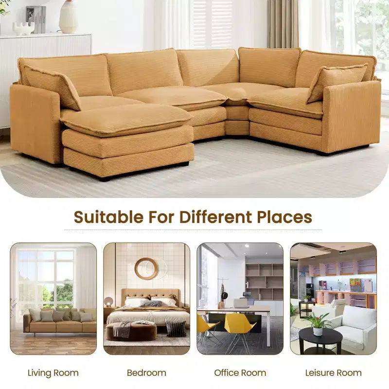 Modern 113.4''D*79.13''W Oversized Corduroy Modular 5-Seat Sectional Sofa Set with Ottoman U Shaped Sofa Couch with Corner Sofa,HYLEORY