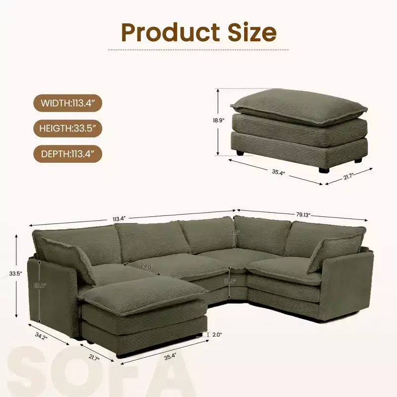 Modern 113.4''D*79.13''W Oversized Corduroy Modular 5-Seat Sectional Sofa Set with Ottoman U Shaped Sofa Couch with Corner Sofa,HYLEORY