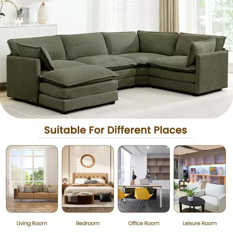 Modern 113.4''D*79.13''W Oversized Corduroy Modular 5-Seat Sectional Sofa Set with Ottoman U Shaped Sofa Couch with Corner Sofa,HYLEORY