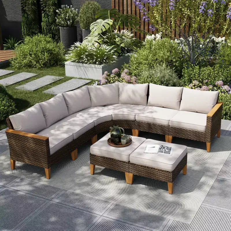 Captiva Designs 8pc Outdoor Wicker Rattan Patio Half-Moon Curved Sectional Sofa Set with Cushioned Ottoman