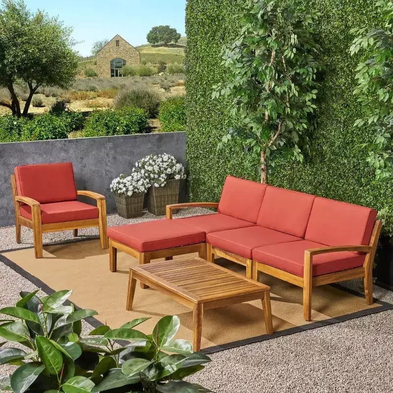 Christopher Knight Home Parma Patio Acacia Wood Slat Design 5 Seater Upholstered Seating Set with Coffee Table