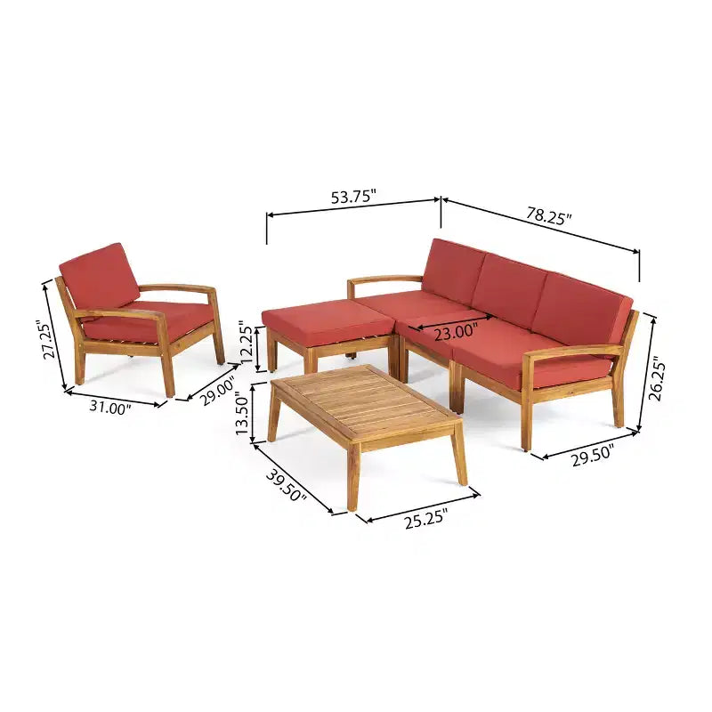 Christopher Knight Home Parma Patio Acacia Wood Slat Design 5 Seater Upholstered Seating Set with Coffee Table