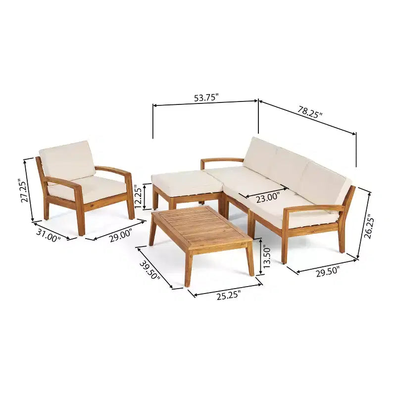 Christopher Knight Home Parma Patio Acacia Wood Slat Design 5 Seater Upholstered Seating Set with Coffee Table